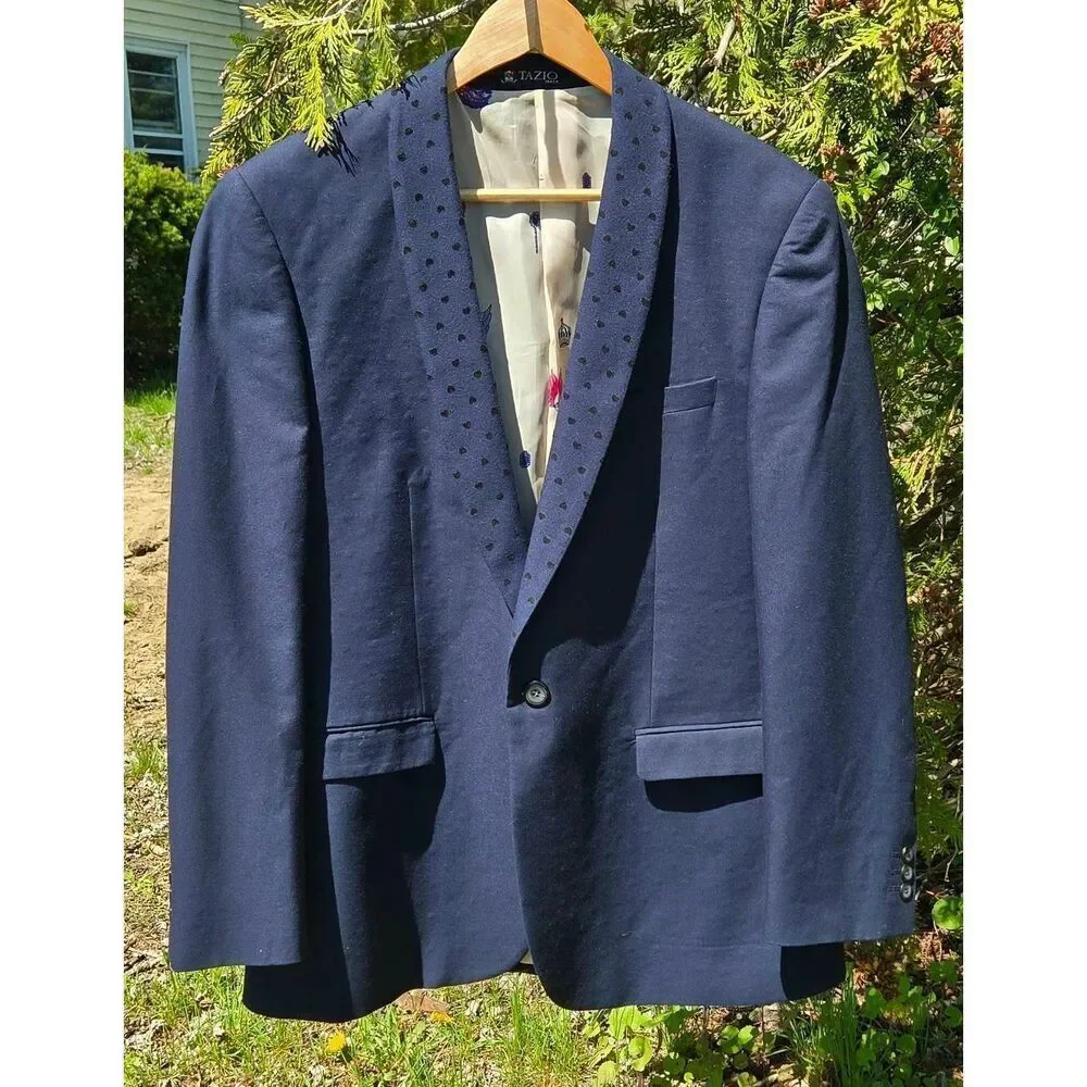Tazio Italy Embellished Silk Lined Navy Sport Coat Suit Jacket Sz. 42R